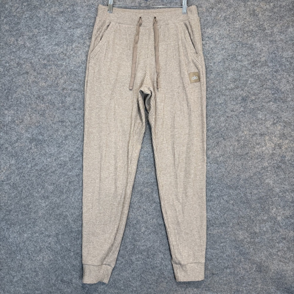 Alo Yoga Muse Ribbed Sweatpants Joggers Womens Medium‎ Gravel Heather Beige Knit